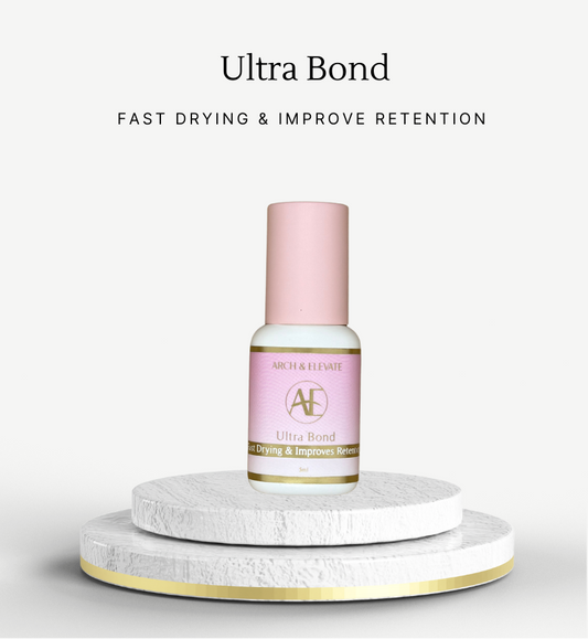 Pink bottle labeled 'Ultra Bond' on a white platform with 'Arch & Elevate' Branding