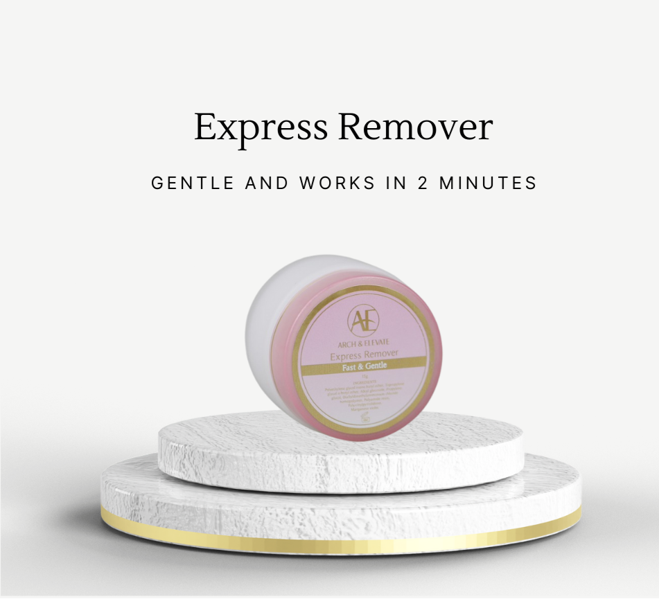 Cosmetic product on a white platform with 'Express Remover' text on a light gray background
